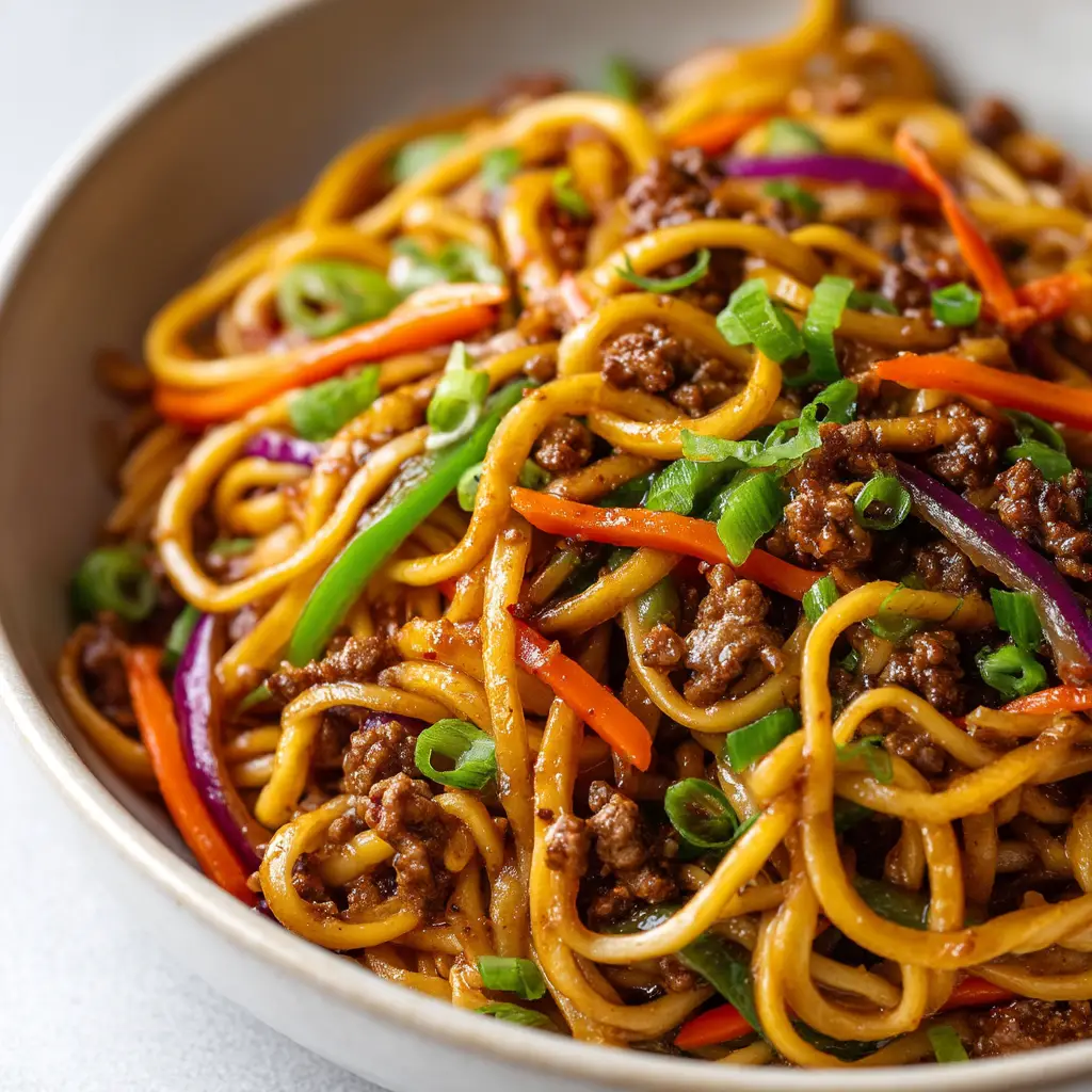 Ground Beef Lo Mein (Better Than Takeout!) 1 The final step of tossing the cooked lo mein noodles with the ground beef and savory sauce in a large wok.