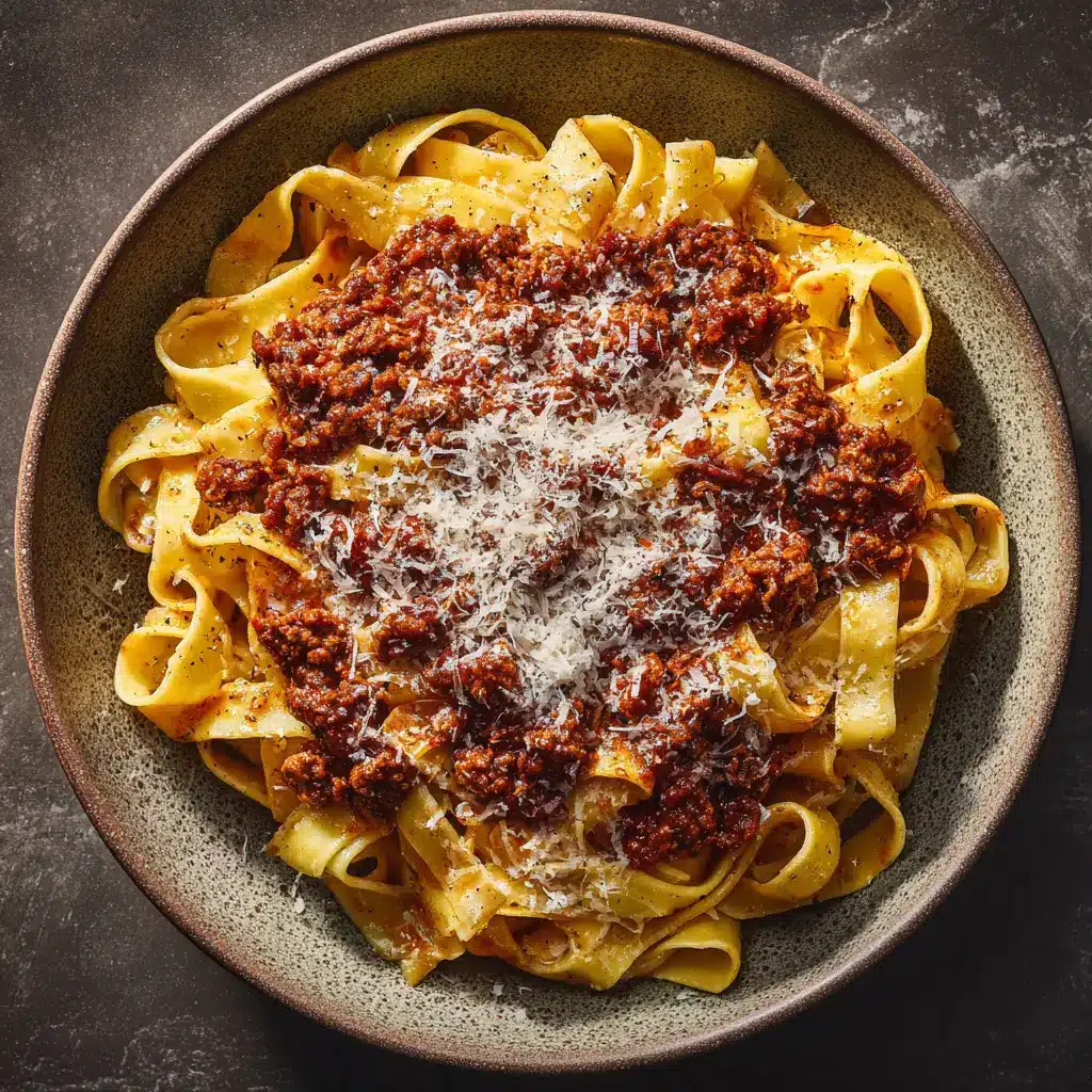 A rustic stoneware plate filled with fresh tagliatelle pasta generously topped with traditional ragu.