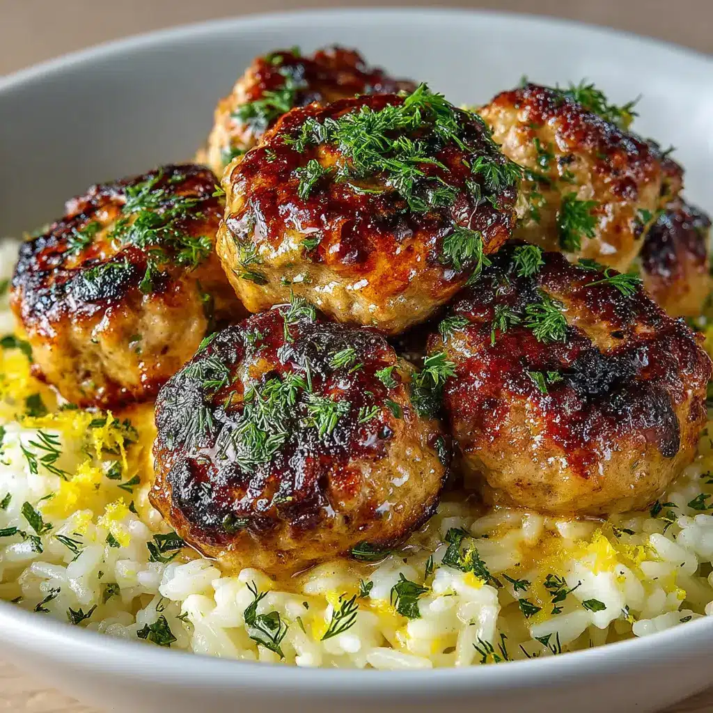 A bowl of delicious turkey feta meatballs ready to be served with a side of fresh tzatziki sauce. The meatballs are garnished with chopped dill.