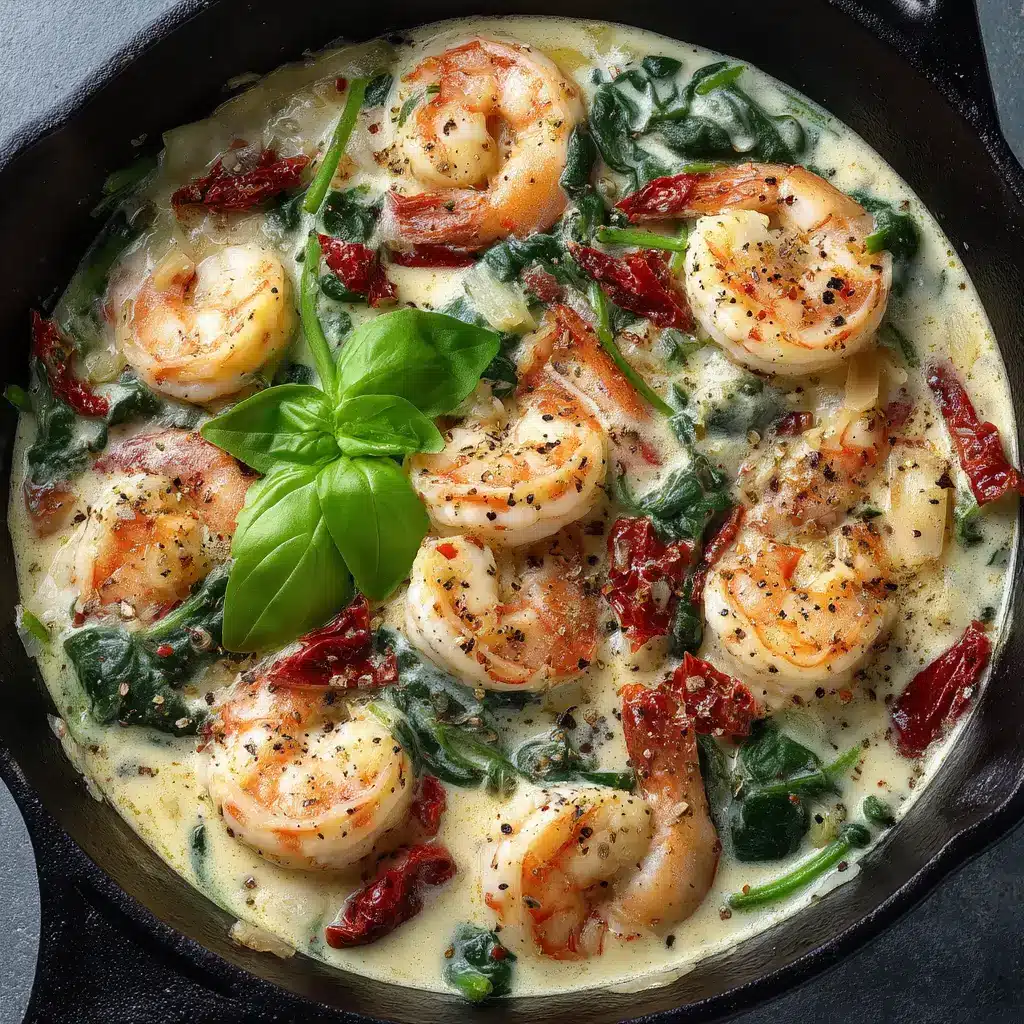 A close-up view of the sun-dried tomato cream sauce with shrimp and spinach, highlighting the rich and creamy texture.