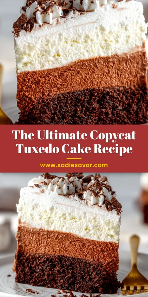 A stunning hero shot of a full tuxedo cake on a cake stand, showcasing its glossy ganache and elegant layers. This image is for the ultimate tuxedo cake recipe.