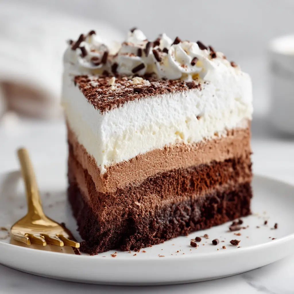 A close-up action shot of a fork cutting into a slice of the tuxedo cake, revealing the soft texture of the mousse and moist cake crumb.