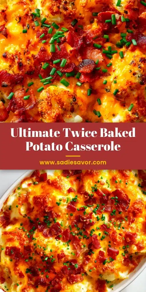 A top-down view of a delicious Twice Baked Potato Casserole in a baking dish, topped with melted cheddar cheese, crispy bacon, and fresh green onions.