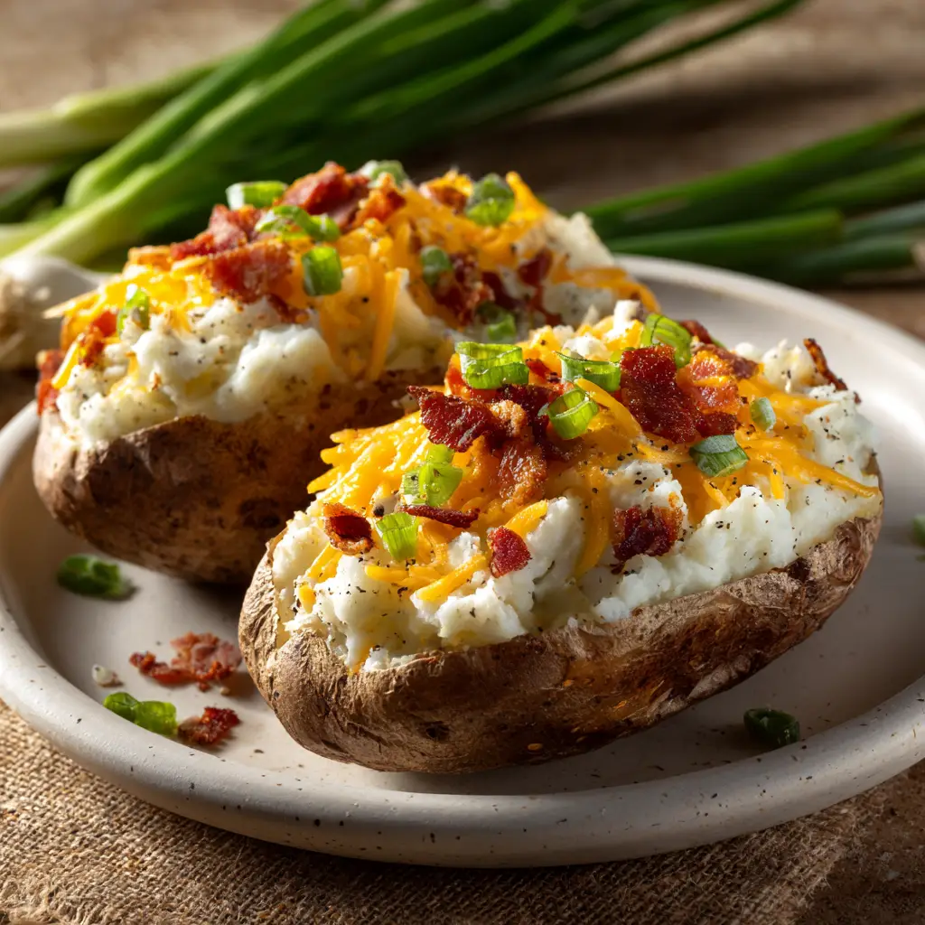 The process of making twice baked potatoes, showing hollowed-out potato skins next to a bowl of creamy mashed potato filling before stuffing.