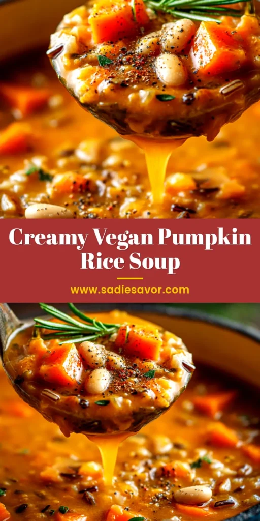 Vegan Pumpkin Wild Rice Soup (Creamy & Hearty) 4 A bowl of creamy vegan pumpkin wild rice soup garnished with pumpkin seeds and fresh herbs, ready to be eaten.