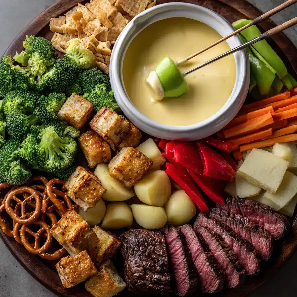 A variety of delicious dippers like bread, apples, and broccoli arranged around a pot of homemade cheese fondue.