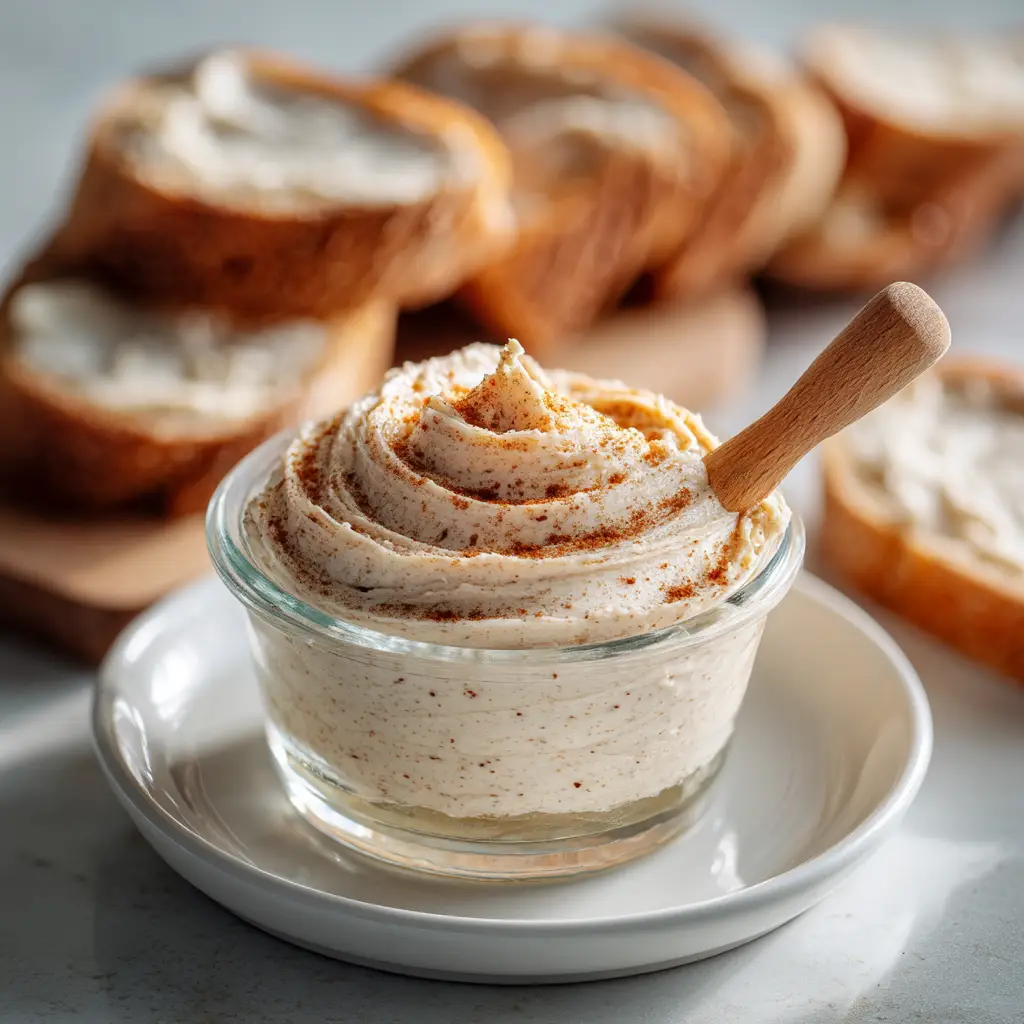Texas Roadhouse Cinnamon Honey Butter (Easy Copycat Recipe) 2 A close-up view of whipped cinnamon honey butter in a white bowl, showing its light and airy texture.