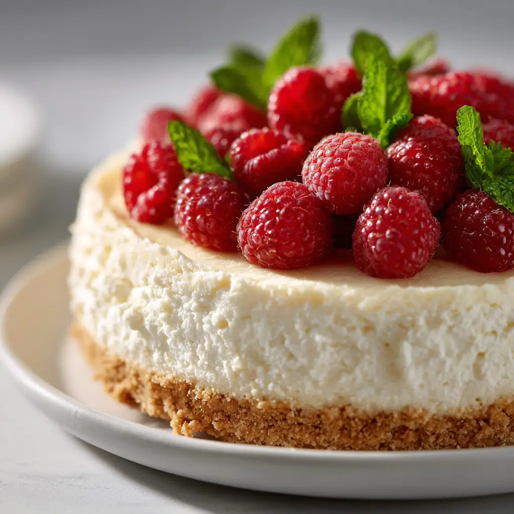 High-Protein Cottage Cheese Cheesecake (That's Actually Creamy!) 2 A whole high-protein cottage cheese cheesecake sitting on a rustic wooden table, ready to be sliced. This healthy cheesecake recipe is perfect for sharing.