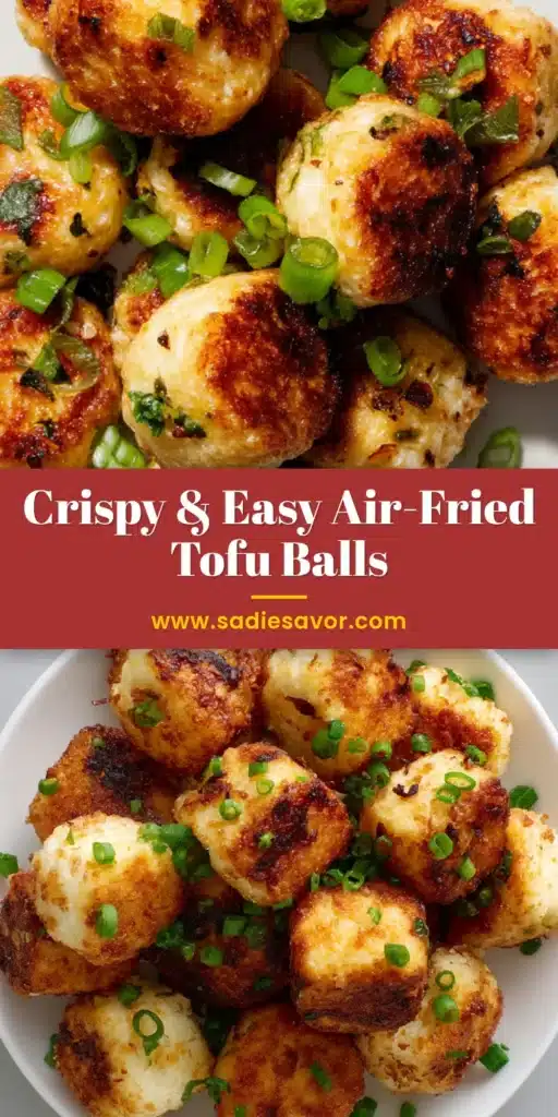 A heaping bowl of perfectly golden brown and crispy Air-Fried Tofu Balls, ready to be served with a side of dipping sauce. The texture is visibly crunchy.