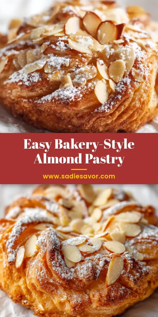 Almond Pastry Recipe (Quick & Easy Braid) 3 A beautiful golden-brown braided almond pastry on a white surface, drizzled with icing and topped with sliced almonds. This shows the final result of the easy almond pastry recipe.