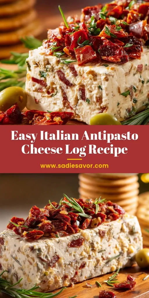 A delicious Antipasto Cream Cheese Log on a serving platter surrounded by crackers. The perfect easy party appetizer recipe.