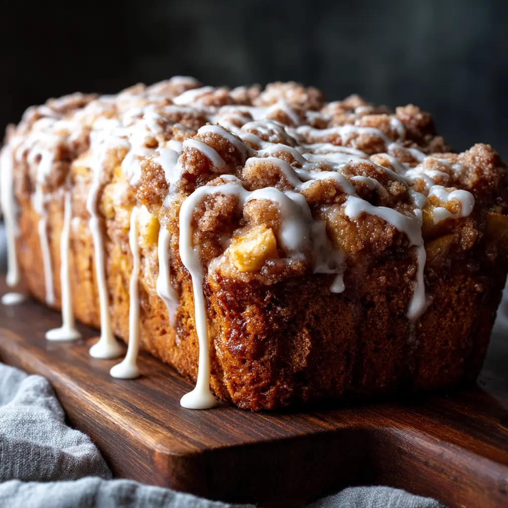 A close-up view of the cinnamon apple swirl inside a loaf of Apple Fritter Bread.