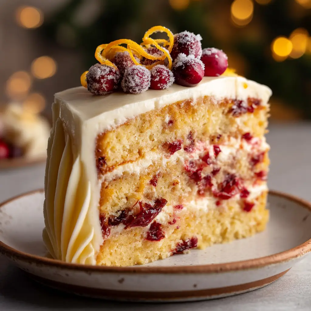 A process shot showing the cranberry orange layer cake during assembly, with cranberry filling being spread over a layer of cream cheese frosting.