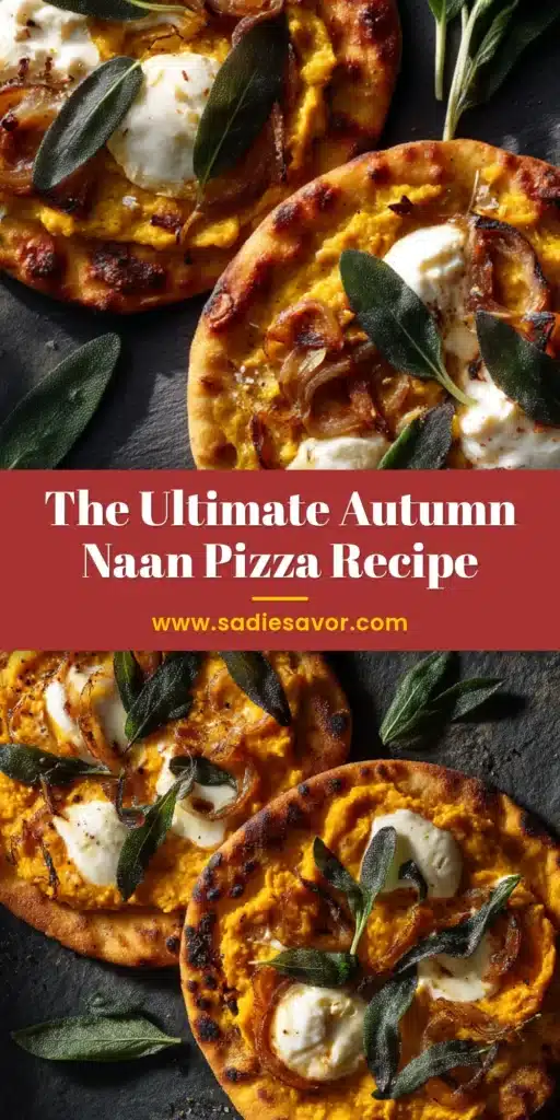 A delicious Autumn Naan Pizza topped with butternut squash, prosciutto, and fresh sage, shown on a rustic wooden board with a title overlay.