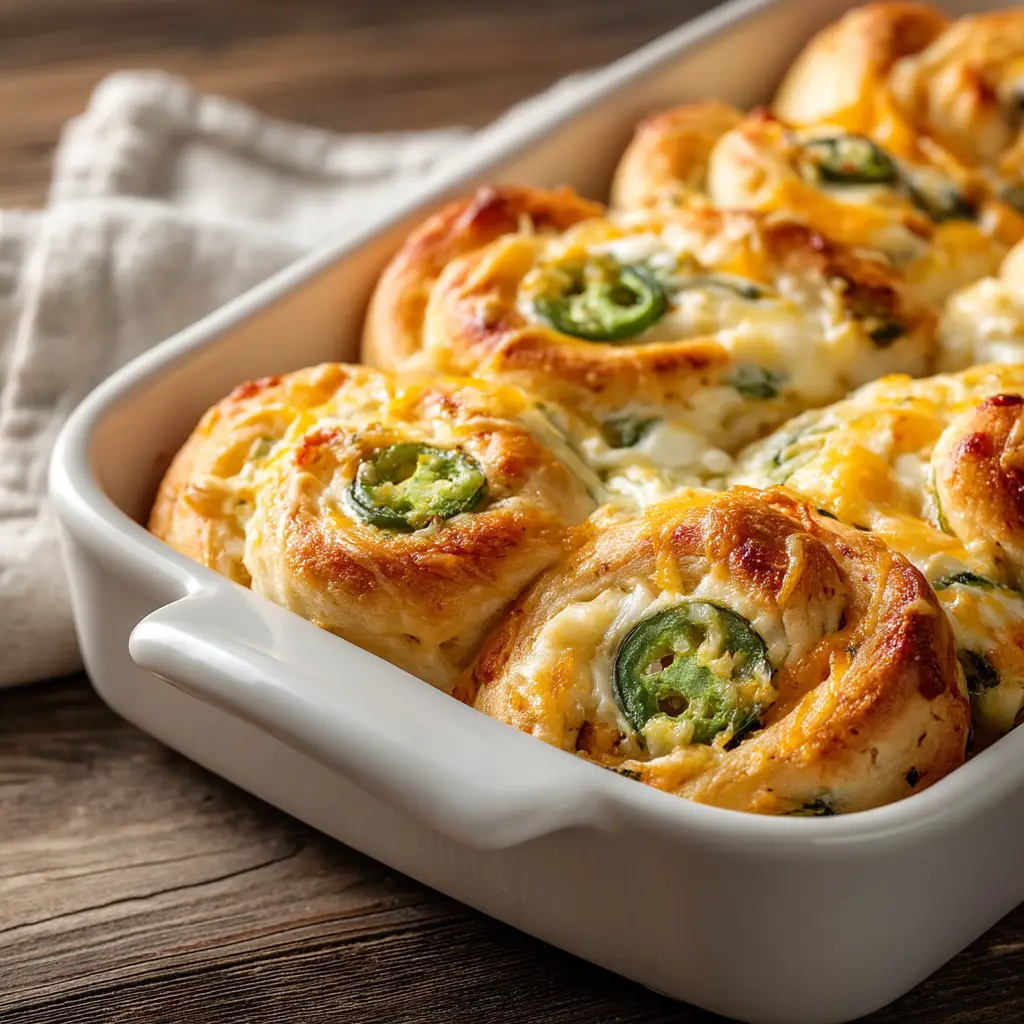 Jalapeno Popper Crescent Rolls (The Ultimate 5-Ingredient Appetizer) 2 An overhead close-up shot of freshly baked jalapeno popper crescent rolls on a rustic wooden board, showing the flaky texture.