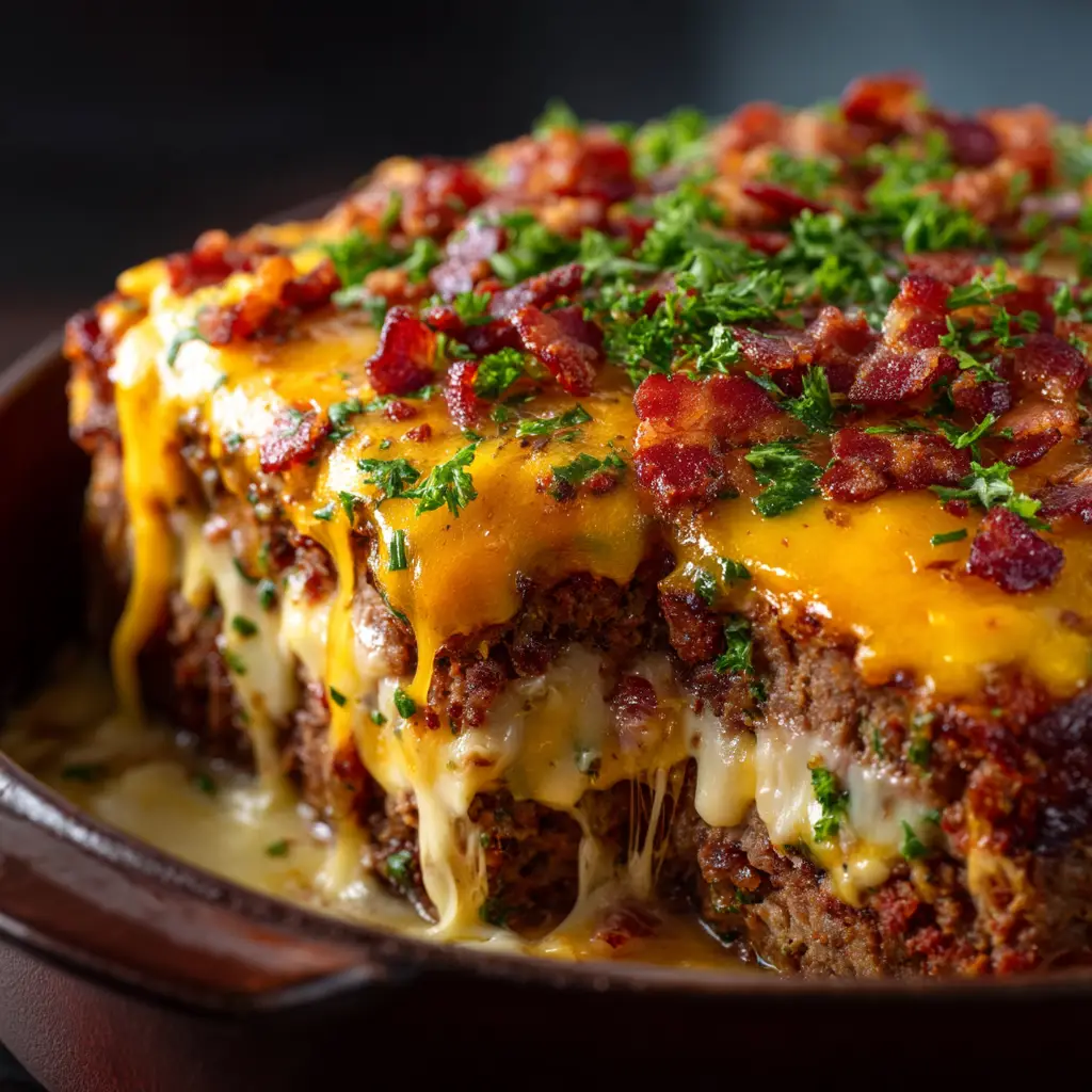 A corner view of the baked loaded meatloaf casserole in a baking dish, ready to be served.