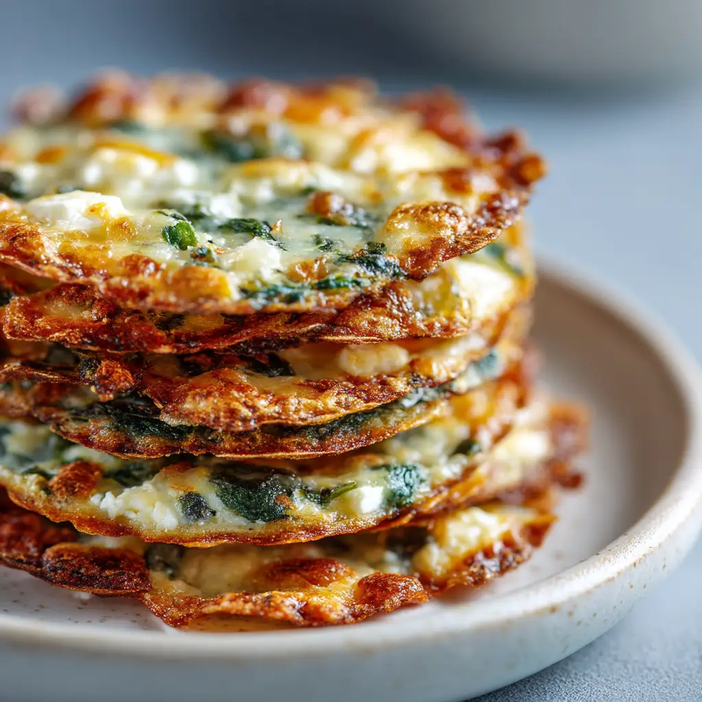A beautiful overhead shot of Baked Spinach Feta Crisps arranged neatly, ready to be served as a delicious low-carb appetizer.