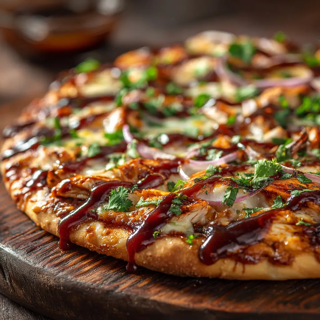 A shot showing the ingredients for the easy BBQ chicken pizza recipe, including pizza dough, BBQ sauce, cooked chicken, red onion, and cheese.