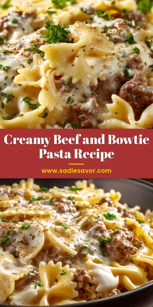 Beef and Bowtie Pasta: The Ultimate Weeknight Comfort Food 3 A large white bowl filled with delicious beef and bowtie pasta in a creamy tomato sauce, garnished with fresh parsley.