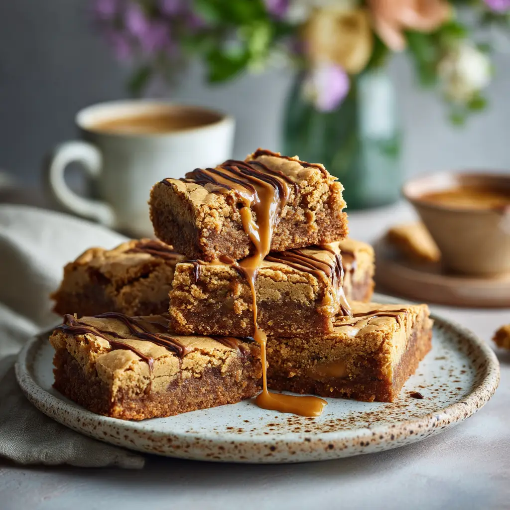 The Biscoff blondie batter swirled with cookie butter spread in an 8x8 baking pan before baking.