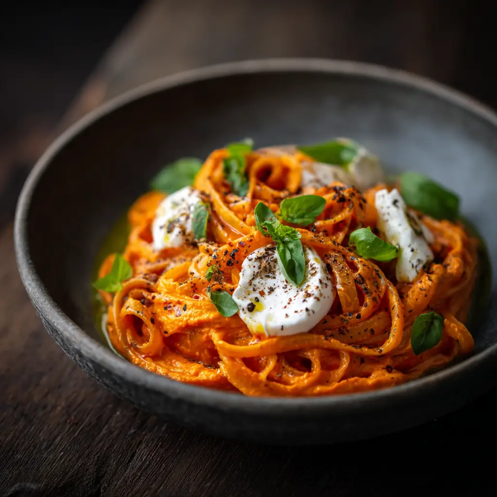 A fork twirling a bite of creamy red pepper pasta, lifted from the bowl to showcase the vibrant orange sauce and fresh basil garnish.