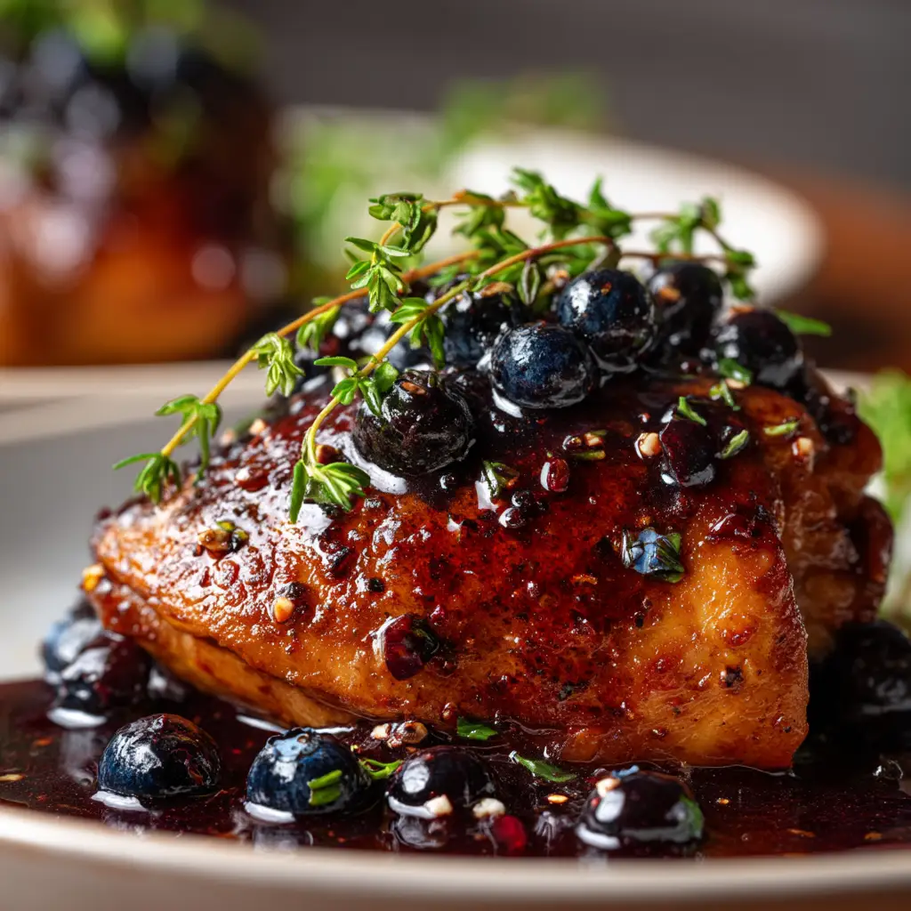 A skillet with Blueberry Thyme Chicken, showcasing the rich, purple pan sauce with fresh thyme sprigs. Two chicken breasts are nestled in the sauce.