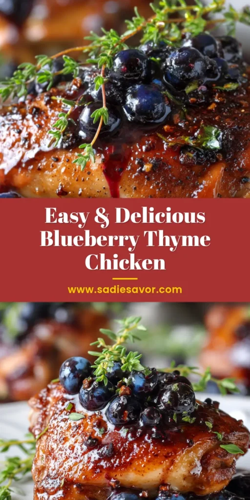 An overhead shot of Blueberry Thyme Chicken in a white serving dish, ready to be pinned. The juicy chicken is covered in a vibrant, savory blueberry sauce with fresh thyme.