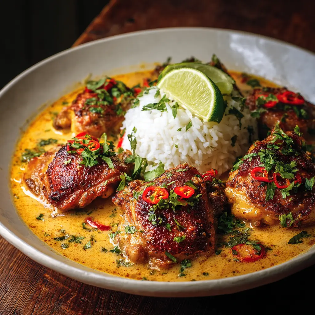 A beautiful final plating of Brazilian Coconut Chicken served over white rice in a ceramic bowl, garnished with fresh cilantro.