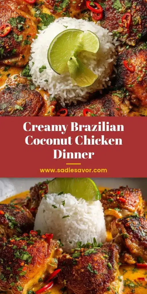 A top-down shot of creamy Brazilian Coconut Chicken in a white bowl, garnished with fresh cilantro and lime wedges, ready to be pinned.