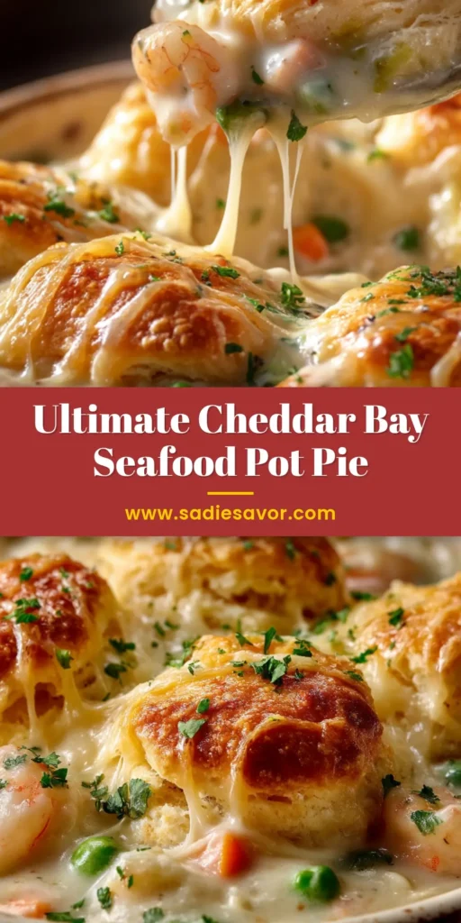 Cheddar Bay Seafood Pot Pie: The Ultimate Comfort Food Mashup 3 A golden-brown Cheddar Bay Seafood Pot Pie in a rustic baking dish, with a scoop taken out to show the creamy seafood filling inside.