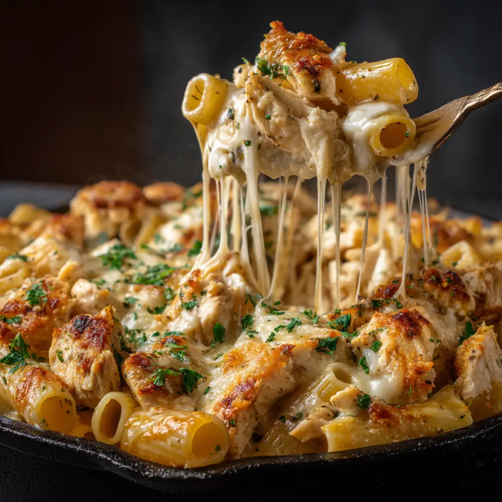 Garlic Parmesan Pasta Bake: The Ultimate Cheesy Comfort Dish 1 A final shot of the baked pasta casserole with a serving spoon taking a scoop, revealing a cheesy, gooey interior.