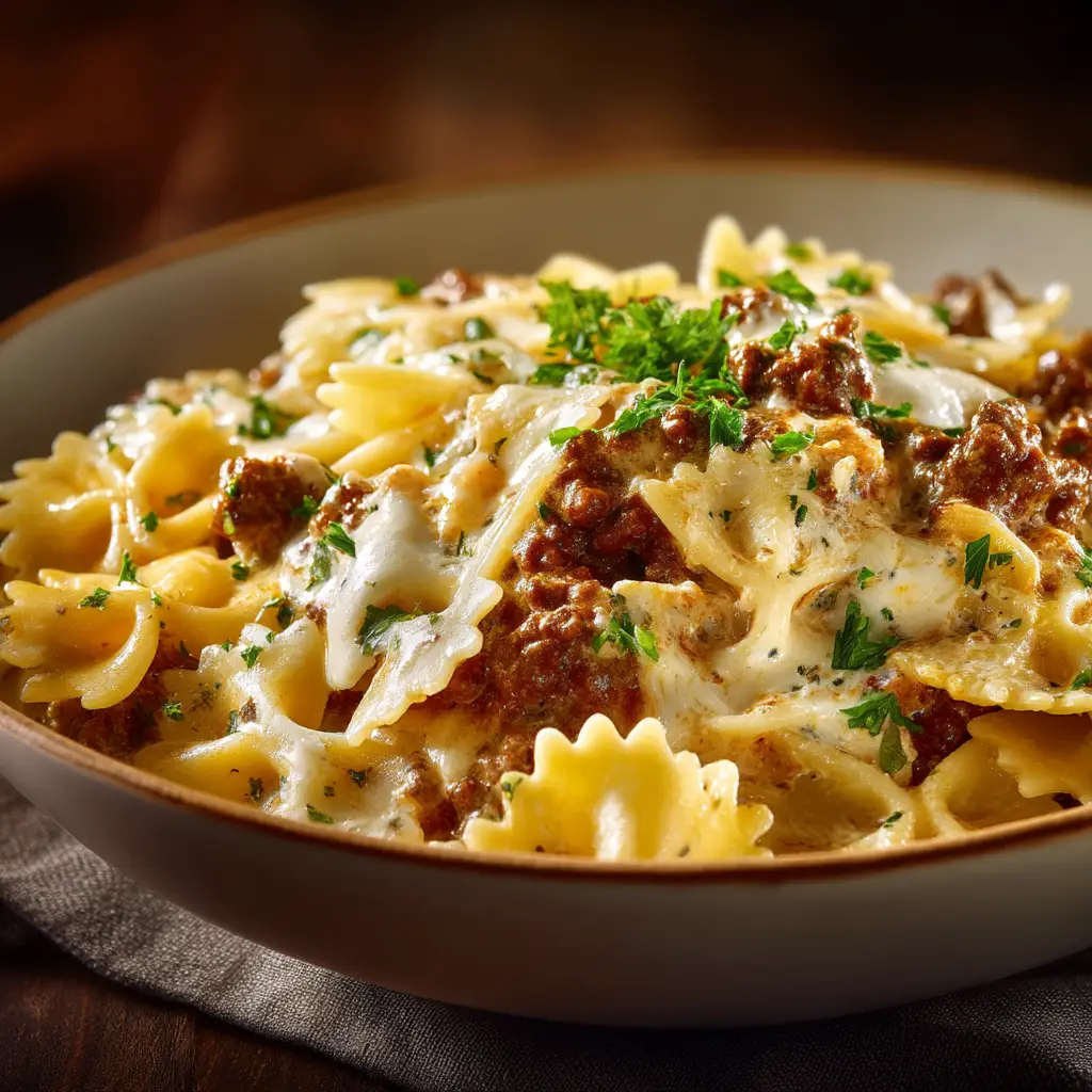 Beef and Bowtie Pasta: The Ultimate Weeknight Comfort Food 1 A spoonful of beef and bowtie pasta being lifted from a bowl, showcasing the melted cheese and hearty sauce.