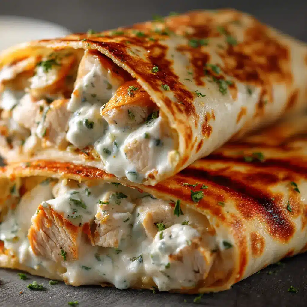 A pan-fried chicken and cheese wrap being cut in half, revealing the melted cheese inside.