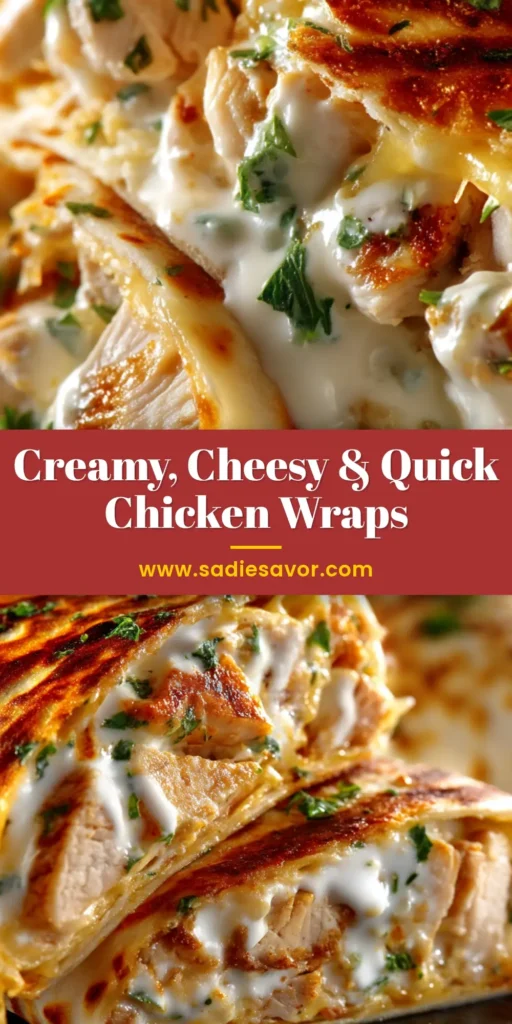 A close-up of Cheesy Garlic Chicken Wraps cut in half, showcasing the gooey melted cheese and savory chicken filling against a clean, bright background. Perfect for a quick weeknight dinner idea.