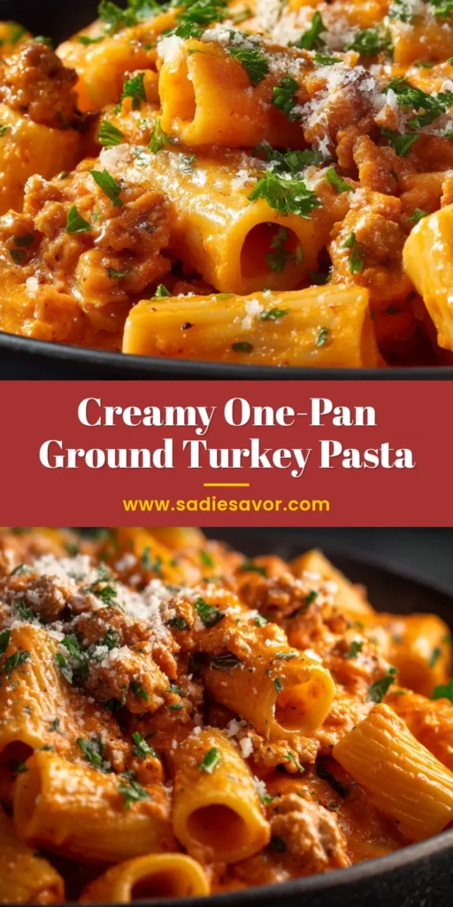 A delicious bowl of Cheesy Ground Turkey Pasta, topped with fresh parsley. The perfect easy weeknight dinner recipe.