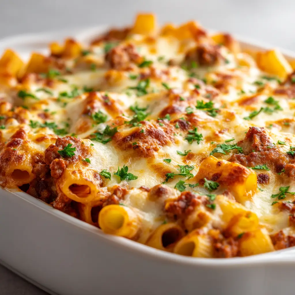 Million Dollar Baked Ziti: The Ultimate Comfort Food Recipe 2 An extreme close-up of cheesy baked ziti fresh from the oven, with bubbly mozzarella and a rich meat sauce visible.