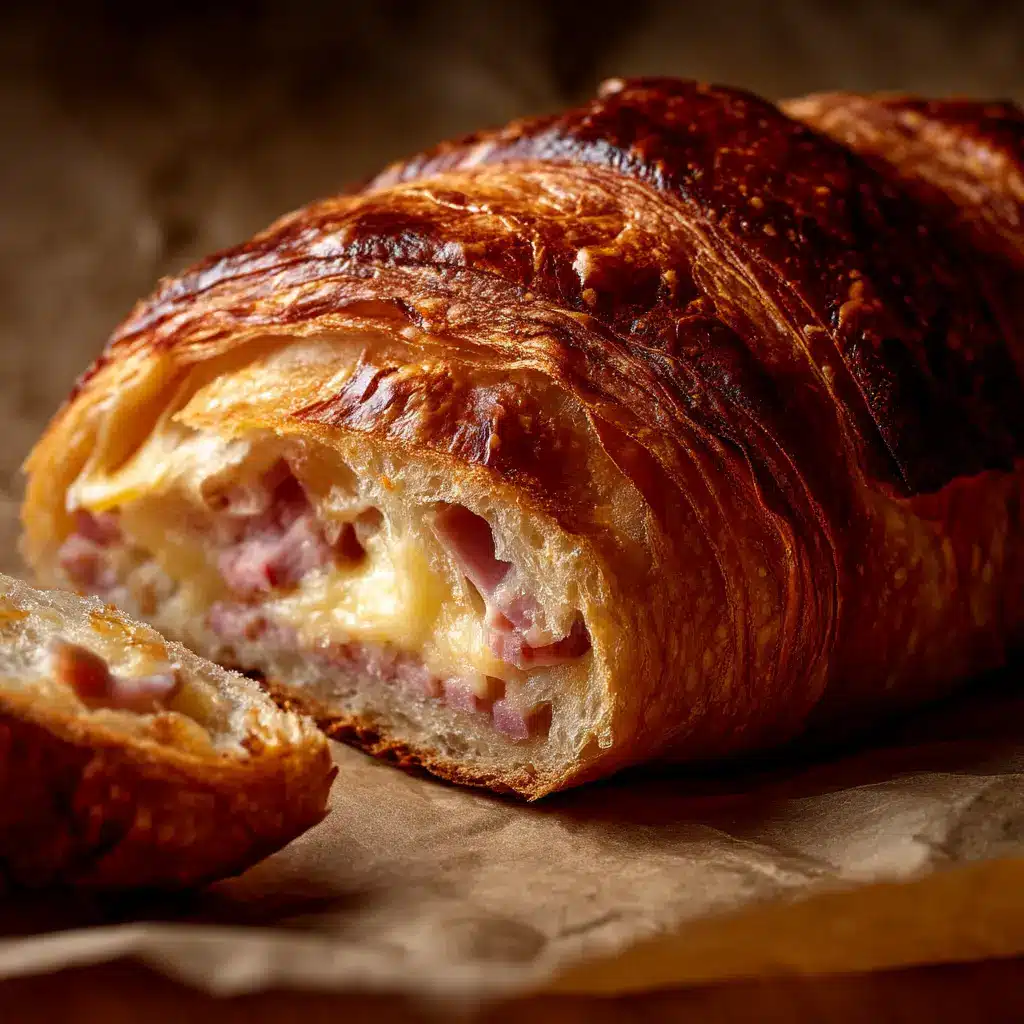 An extreme close-up of the cheesy sourdough loaf, showing the pull-apart sections stuffed with melted Gruyère and cheddar cheese and savory ham.