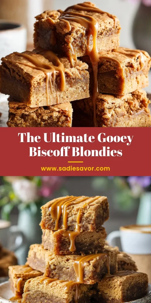 A stack of chewy Biscoff blondies on a plate, showing the fudgy inside and crunchy Biscoff cookie topping. The perfect easy cookie butter blondie recipe.