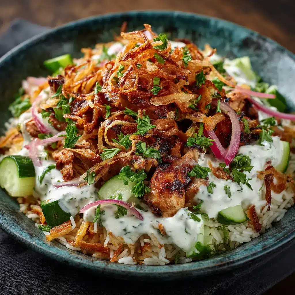 A bowl of freshly prepared chicken shawarma crispy rice salad being drizzled with a creamy tahini sauce, showcasing the final step before serving.