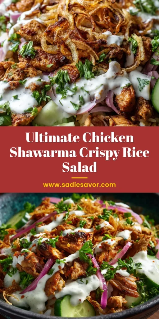 An overhead shot of the Chicken Shawarma Crispy Rice Salad in a white bowl, showing the vibrant colors of the salad, golden crispy rice, and tender chicken, drizzled with tahini sauce.