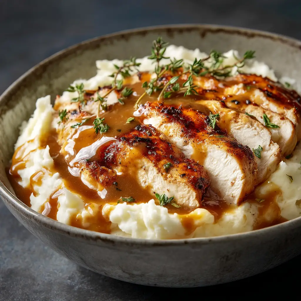 Chicken and Garlic Gravy: The Ultimate One-Pan Dinner 1 Pan-seared chicken simmering in a skillet with homemade garlic gravy, showing a step in the cooking process.