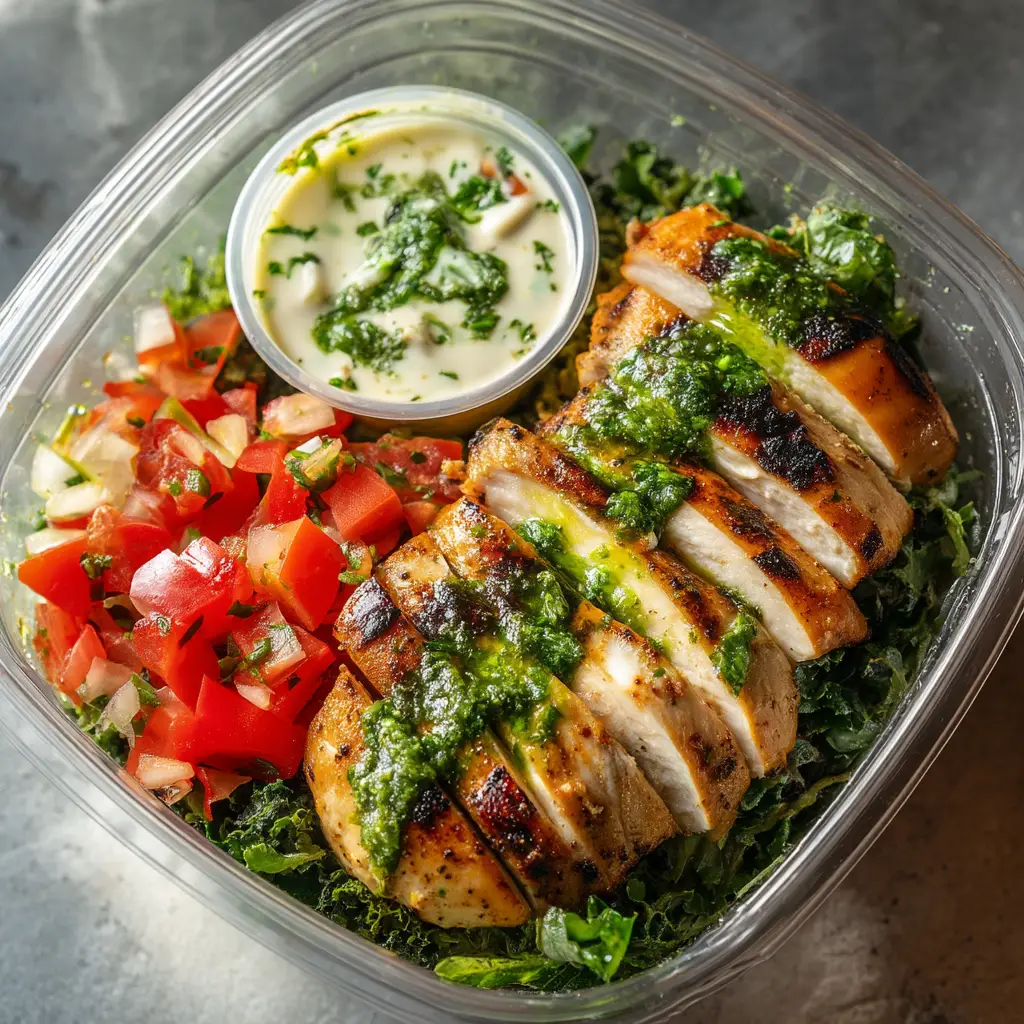All the fresh ingredients for the chimichurri chicken bowl laid out, including parsley, chicken, corn, and black beans.