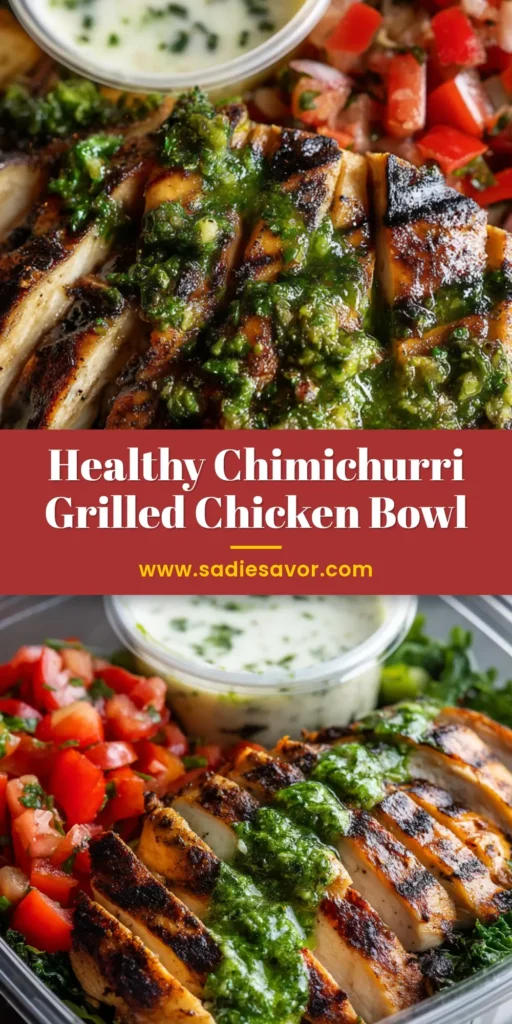 An overhead shot of a vibrant Chimichurri Grilled Chicken Bowl, featuring perfectly grilled chicken slices, fresh chimichurri sauce, corn, and black beans on a bed of rice.