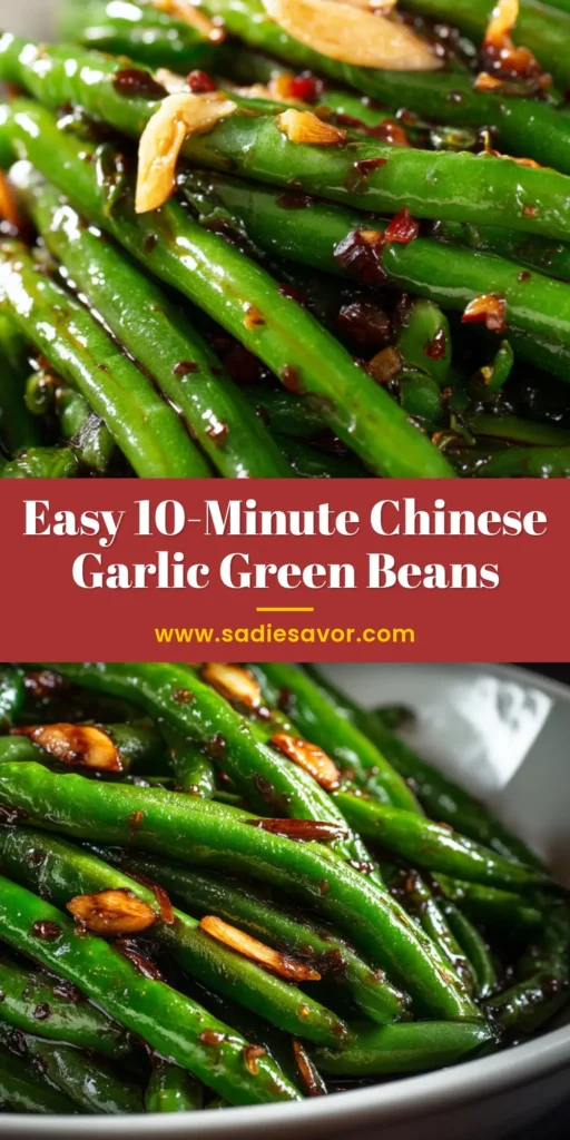 A top-down view of a white bowl filled with spicy Chinese green beans, garnished with red chilies and sesame seeds. The perfect restaurant-style Szechuan green beans recipe.