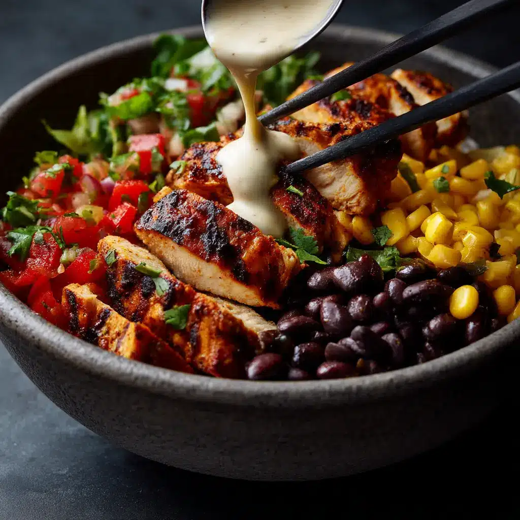 The components of the homemade chipotle chicken bowl laid out for assembly, including the adobo chicken, rice, beans, and fresh toppings.