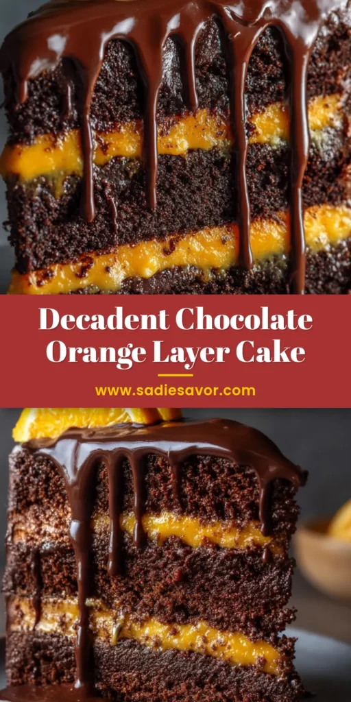 A beautiful Chocolate Orange Layer Cake on a cake stand, with a slice cut out to show the rich chocolate layers and orange buttercream frosting.