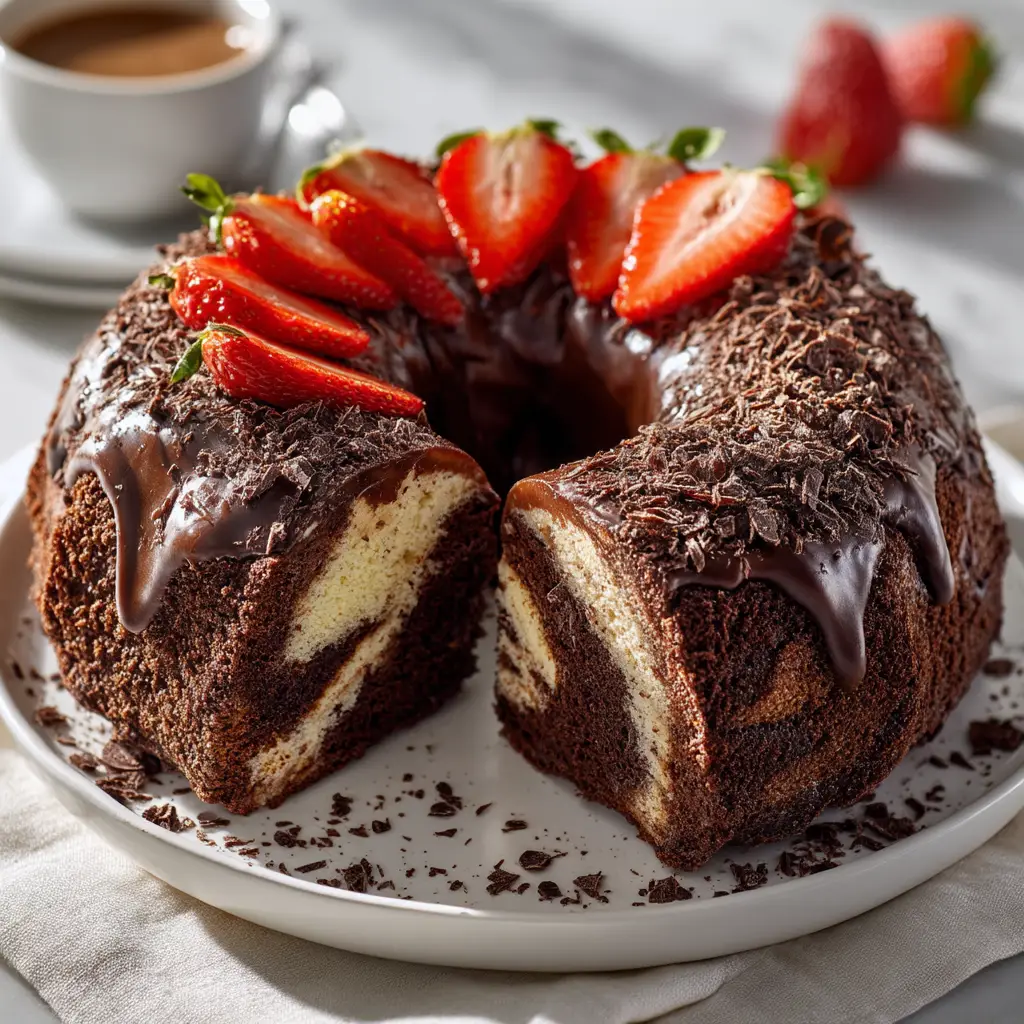 Chocolate Swirl Bundt Cake: A Stunning Marble Masterpiece 2 A close-up slice of moist chocolate swirl bundt cake on a fork, revealing the beautiful marble pattern of the vanilla and chocolate cake.