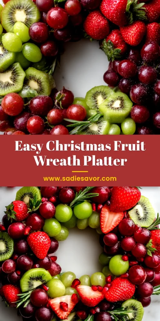 A beautiful Christmas fruit platter shaped like a festive wreath, featuring strawberries, grapes, kiwi, and raspberries with a white dip in the center. A perfect holiday fruit tray idea.