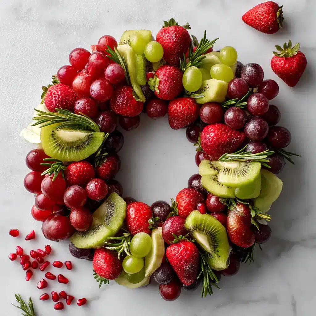 A close-up view of a Christmas fruit platter, showing the detail of sliced kiwi, red raspberries, and green grapes arranged beautifully for a holiday party.