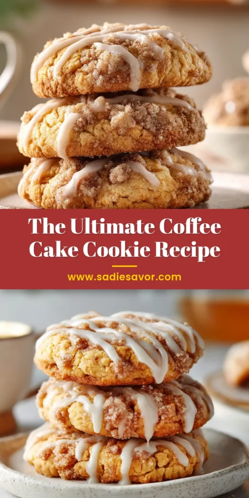 A stack of delicious Coffee Cake Cookies with a crumbly streusel topping and a visible cinnamon swirl inside, ready to be eaten.